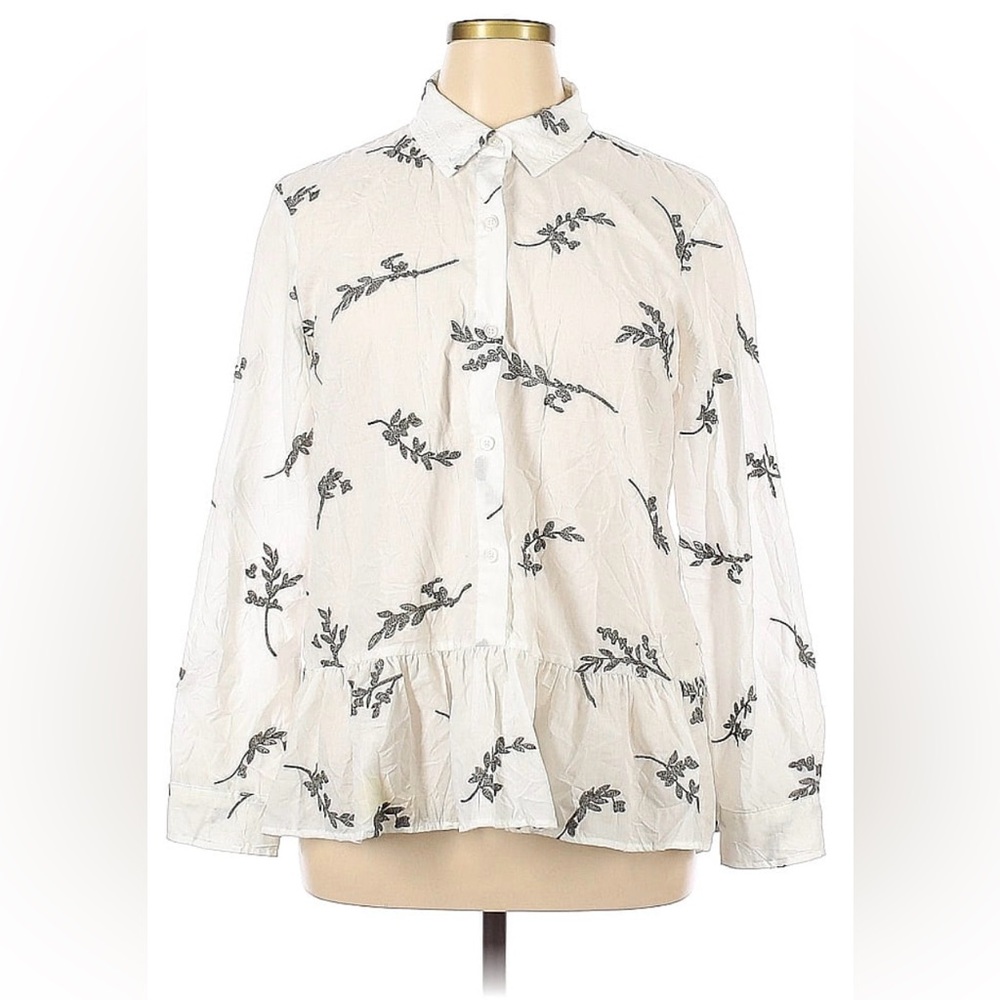 White Embroidered Botanical Peplum Button Down Blouse Long Sleeve Top